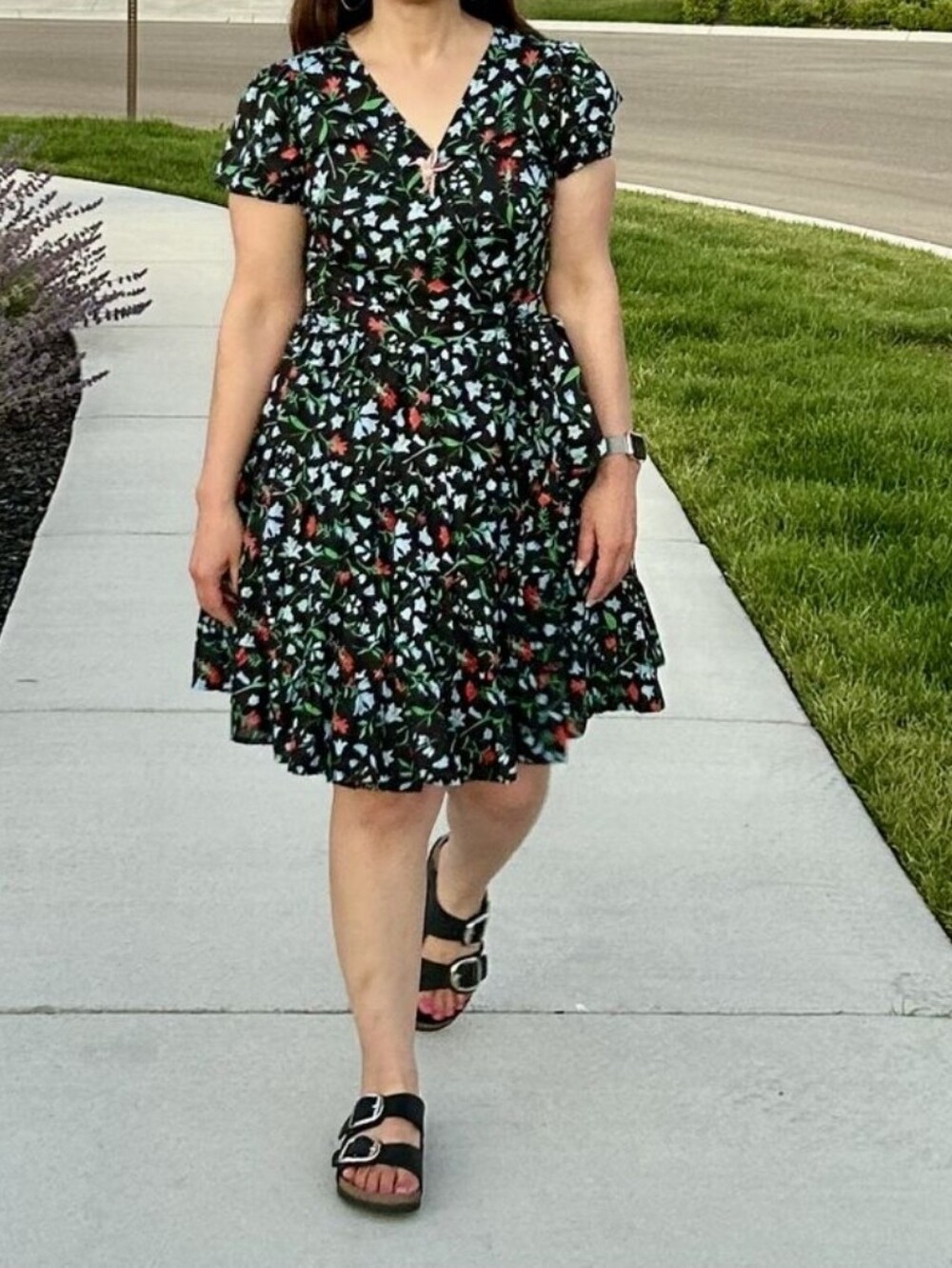 b.Yellowtail Floral Wrap Dress Adjustable Waist Tie Black XS